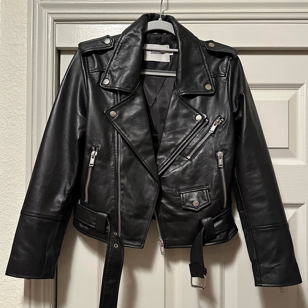 Deadwood Cropped Joan Recycled Leather Motorcycle Jacket 38/6 - Picture 4 of 9